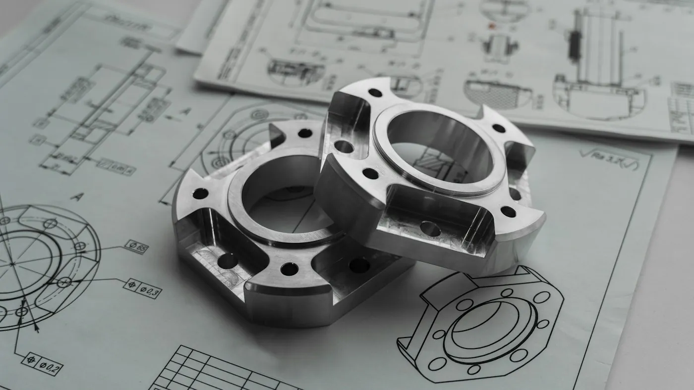 Gefräste Metallbauteile auf einer technischen Zeichnung