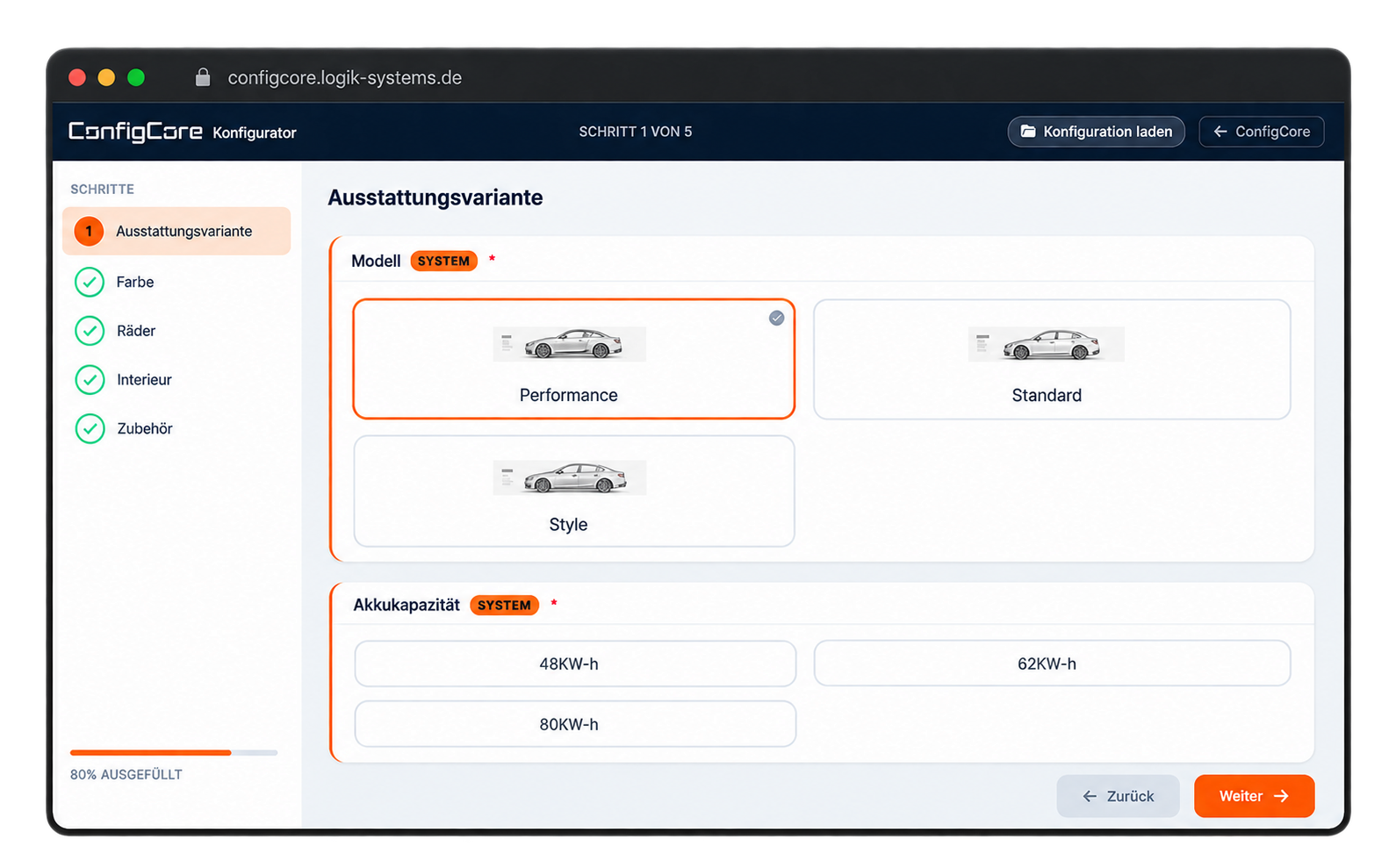 PK-Easy Konfigurator: Auswahl der Ausstattungsvariante im Browser