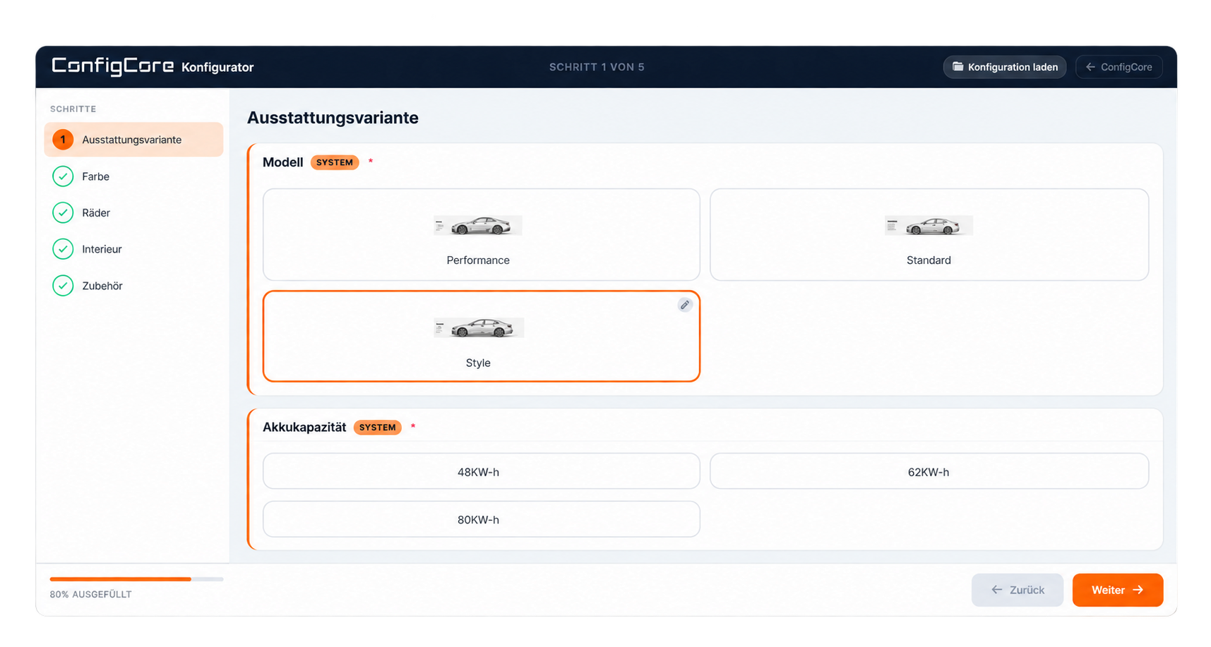 PK-Easy Konfigurator: automatische Kombination der Ausstattungsvariante